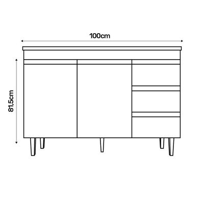 Balcão Gabinete Cozinha 100Cm Com Tampo 2 Portas Preto