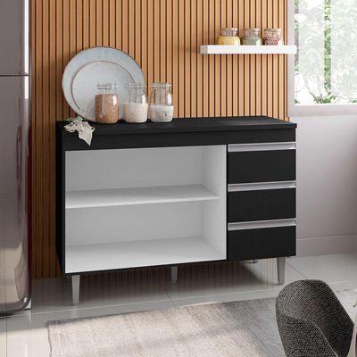 Balcão Gabinete Cozinha 100Cm Com Tampo 2 Portas Preto