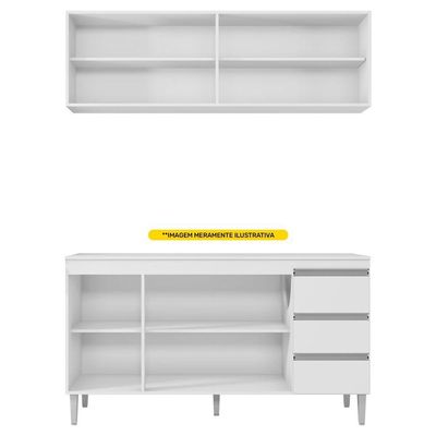 Balcão 160Cm 3 Portas E Armário Aéreo 4 Portas Branco