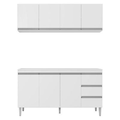 Balcão 160Cm 3 Portas E Armário Aéreo 4 Portas Branco