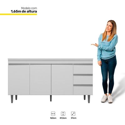 Balcão 160Cm 3 Portas E Armário Aéreo 4 Portas Branco