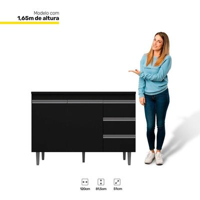 Balcão 120Cm 2 Portas E Armário Aéreo 3 Portas Preto