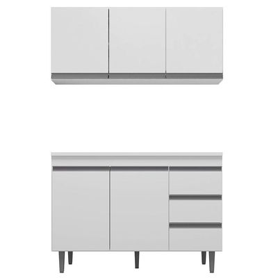 Balcão 120Cm 2 Portas E Armário Aéreo 3 Portas Branco