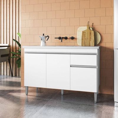 Balcão Gabinete De Pia Sem Tampo 120Cm 3 Portas Tatiane - Ajl Móveis Cor Branco