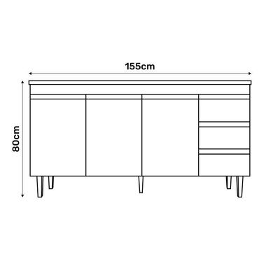 Balcão Gabinete De Pia 160cm Sem Tampo 3 Portas Preto