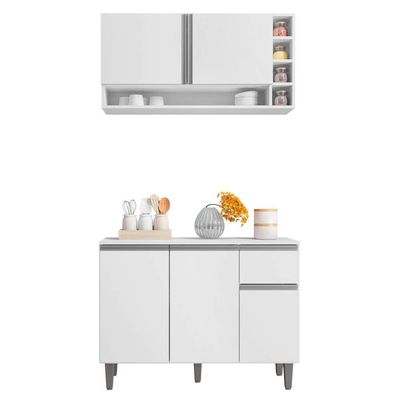 Balcão Gabinete De Cozinha E Armário Aéreo Vanessa Branco - Desk Design