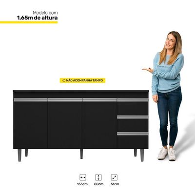 Balcão Gabinete De Pia 160cm Sem Tampo 3 Portas Preto