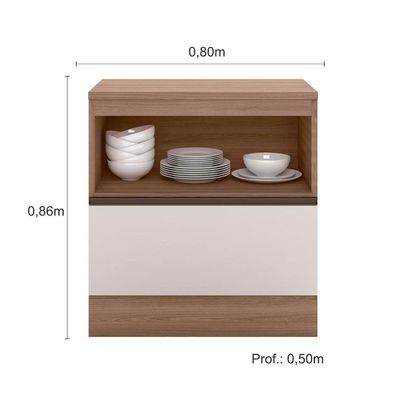 Balcão Com Tampo 80 Cm 1 Porta 1 Gaveta Etna Poliman Móveis Carvalho Oak E Off White
