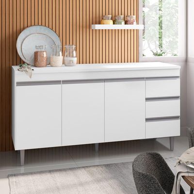 Balcão Gabinete Cozinha 160cm Com Tampo 3 Portas Branco