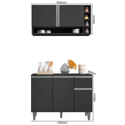 Balcão Gabinete De Cozinha E Armário Aéreo Vanessa Cinza Escuro - Desk Design