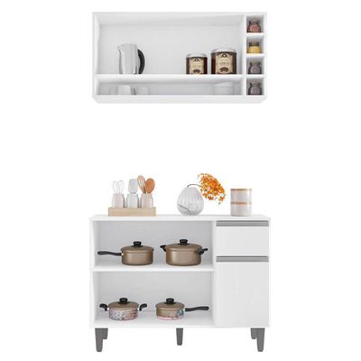 Balcão Gabinete De Cozinha E Armário Aéreo Vanessa Branco - Desk Design