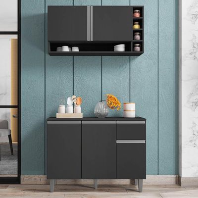 Balcão Gabinete De Cozinha E Armário Aéreo Vanessa Cinza Escuro - Desk Design