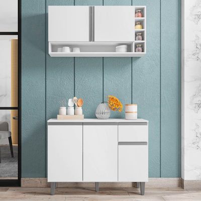 Balcão Gabinete De Cozinha E Armário Aéreo Vanessa Branco - Desk Design
