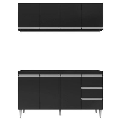 Balcão Gabinete 160cm 3 Portas E Armário Aéreo Preto