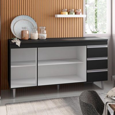 Balcão Gabinete Cozinha 160cm Com Tampo 3 Portas Preto
