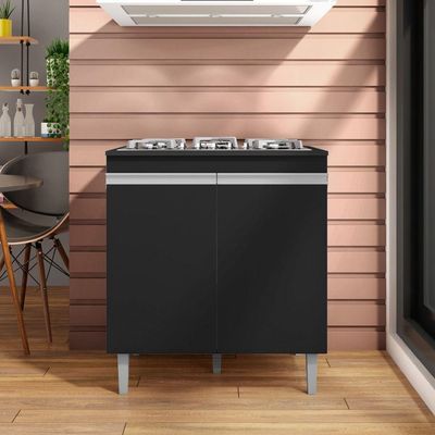 Balcão Gabinete Pia 120Cm E Armário Para Cooktop Preto