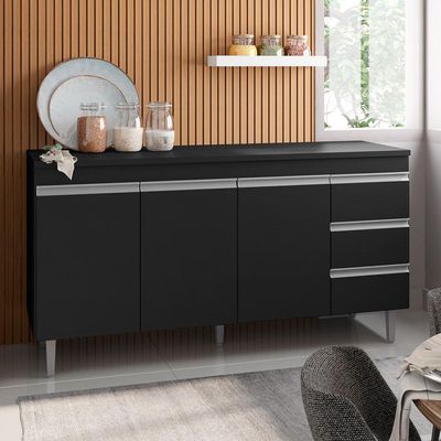 Balcão Gabinete Cozinha 160cm Com Tampo 3 Portas Preto