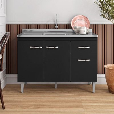 Balcão Para Pia Gabriela Sem Tampo 120Cm 3 Portas 1 Gaveta - Ajl Móveis Cor Preto
