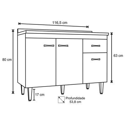 Balcão Para Pia Gabriela Sem Tampo 120Cm 3 Portas 1 Gaveta - Ajl Móveis Cor Cinza