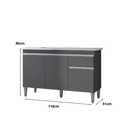Balcão Gabinete De Pia Sem Tampo 120Cm 3 Portas Tatiane - Ajl Móveis Cor Cinza