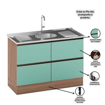 Balcão Para Pia E Cuba 120 Cm 2 Portas 3 Gavetas Etna Poliman Móveis Carvalho Oak/menta