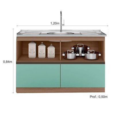 Balcão Para Pia E Cuba 120 Cm 2 Portas 3 Gavetas Etna Poliman Móveis Carvalho Oak/menta