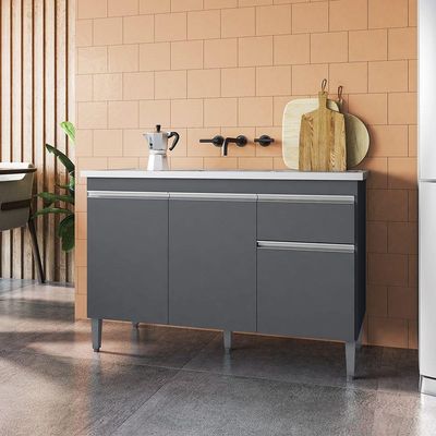 Balcão Gabinete De Pia Sem Tampo 120Cm 3 Portas Tatiane - Ajl Móveis Cor Cinza