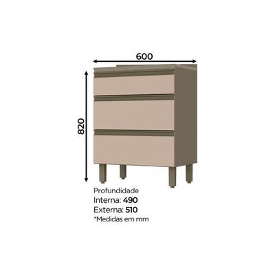 Gabinete De Cozinha Modulado Balcão Connect 3 Gavetas C/tampo Duna/cristal - Henn