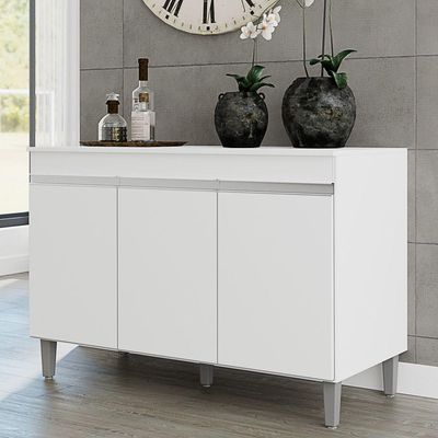 Balcão Buffet Gabinete Manu 120cm C/ Tampo 3 Portas Branco