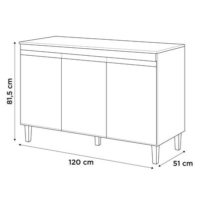 Balcão Buffet Gabinete Manu 120cm C/ Tampo 3 Portas Preto