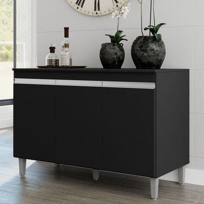 Balcão Buffet Gabinete Manu 120cm C/ Tampo 3 Portas Preto
