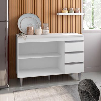 Balcão Sem Tampo 100Cm 2 Portas 3 Gavetas Andréia Branco