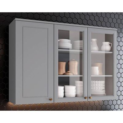 Armário Aéreo P/ Cozinha Americana C/ 3 Portas (2 C/ Vidro) 120cm Cinza - Henn