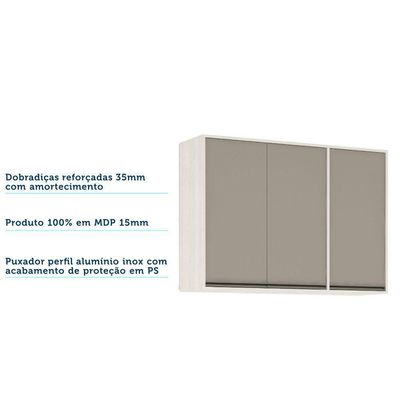 Armário Aéreo De Cozinha 120cm 3 Portas 5 Prateleiras Linea