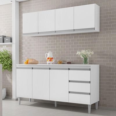 Balcão Gabinete 150cm 3 Portas E Armário Aéreo Branco