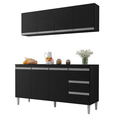 Balcão Gabinete 150cm 3 Portas E Armário Aéreo Preto