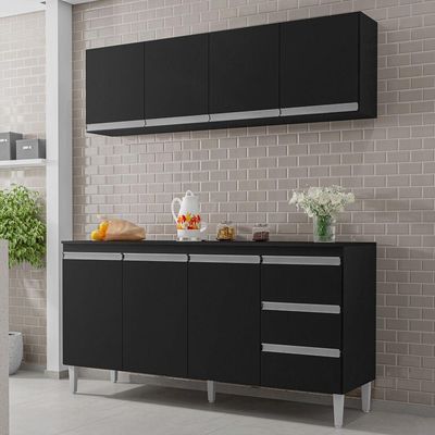 Balcão Gabinete 150cm 3 Portas E Armário Aéreo Preto