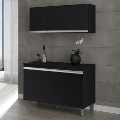 Armário Aéreo E Balcão Gabinete Cozinha 120cm Preto
