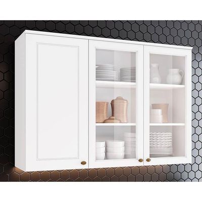 Armário Aéreo P/ Cozinha Americana 3 Portas De Vidro (2 C/ Vidro) 120cm Branco - Henn