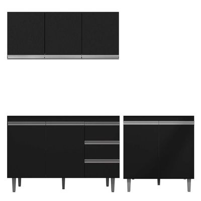 Cozinha 03Pçs Aéreo 120Cm Balcão Pia E Cooktop Preto