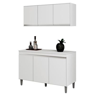Armário Aéreo E Balcão Gabinete Manu 120cm 3 Portas Branco