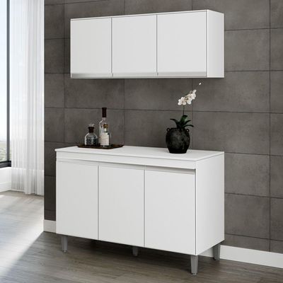 Armário Aéreo E Balcão Gabinete Manu 120cm 3 Portas Branco