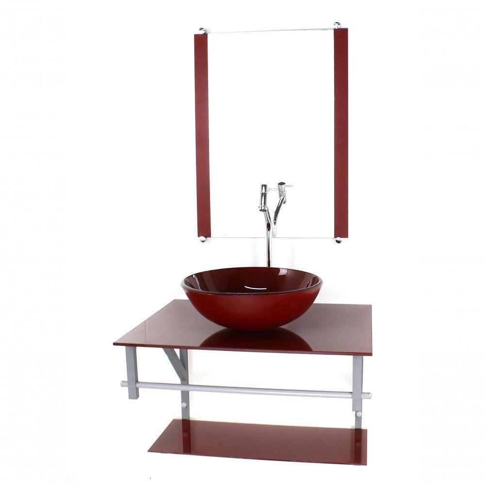 Gabinete Banheiro 60cm Cuba Redonda Vermelho Com Torneira