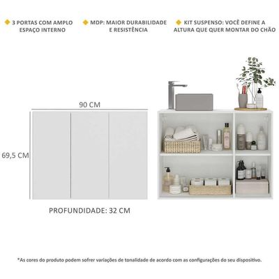 Gabinete Banheiro 3 Portas 90Cm Mp5029 Branco