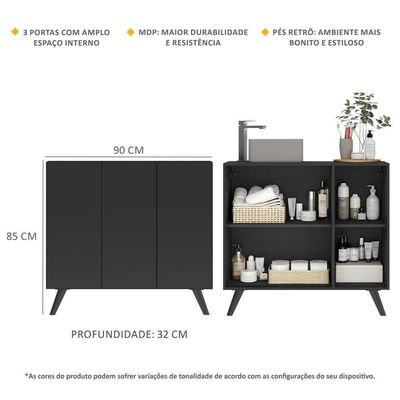 Gabinete Banheiro 3 Portas 90Cm Multimóveis V5030 Preto