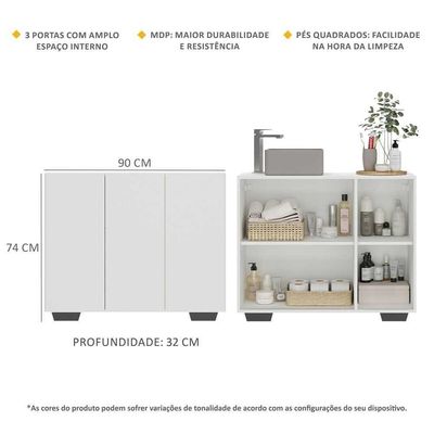 Gabinete Banheiro 3 Portas 90Cm Mp5031 Branco/Preto