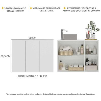 Gabinete Banheiro 3 Portas 90Cm Multimóveis V5029 Branco