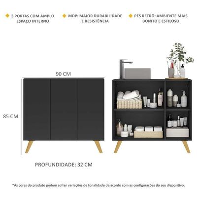 Gabinete Banheiro 3 Portas Retrô 90Cm Multimóveis V5030
