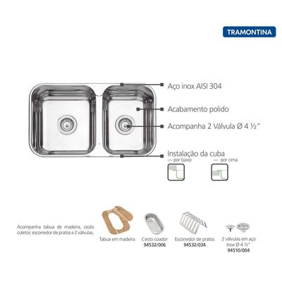 Cuba Tramontina Isis 2C 34 28 Bs Em Inox Polido 2 Válvulas,