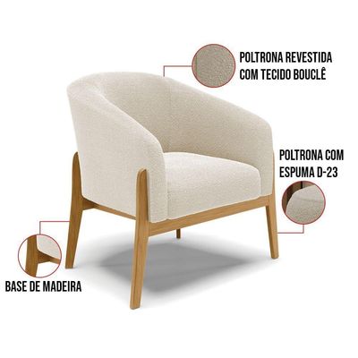 Kit 1 Poltrona E 1 Puff Stella Bouclê Base Madeira Castanho - D'rossi Cor Bege